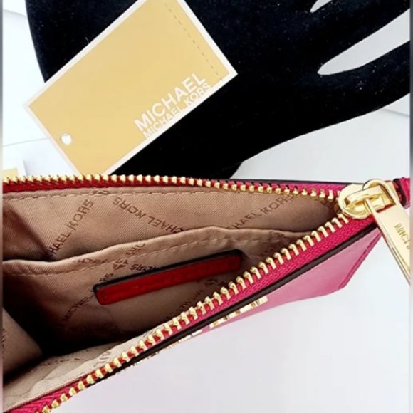 Michael Kors JACEE Carmine Pink LEATHER Backpack & Card Case BUNDLE NWT! - Picture 11 of 15